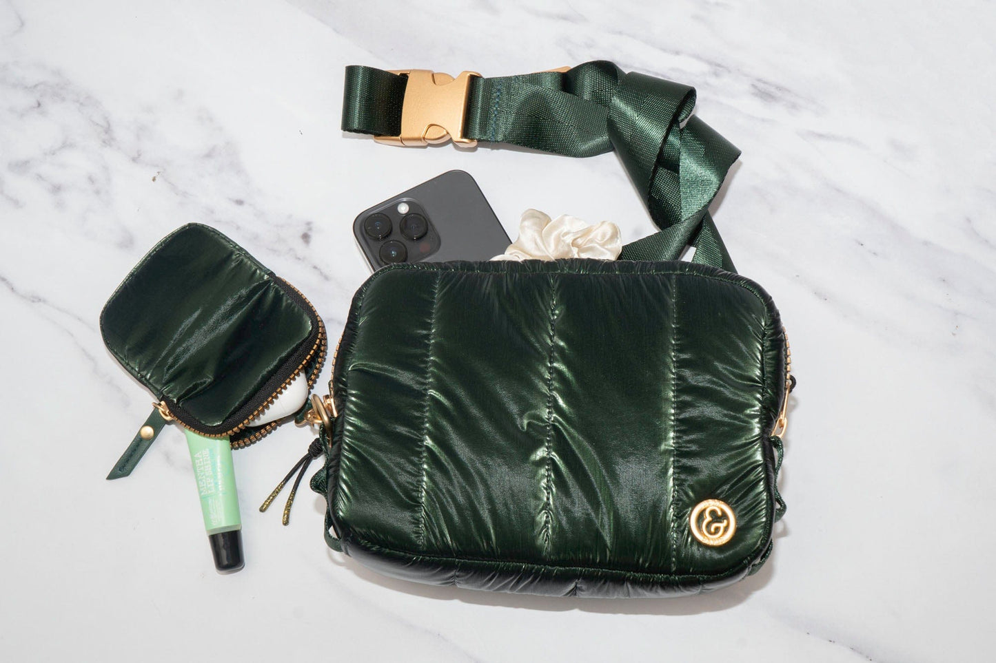 Joan & David Metallic Tubular Quilted Nylon Passport Sling Bag