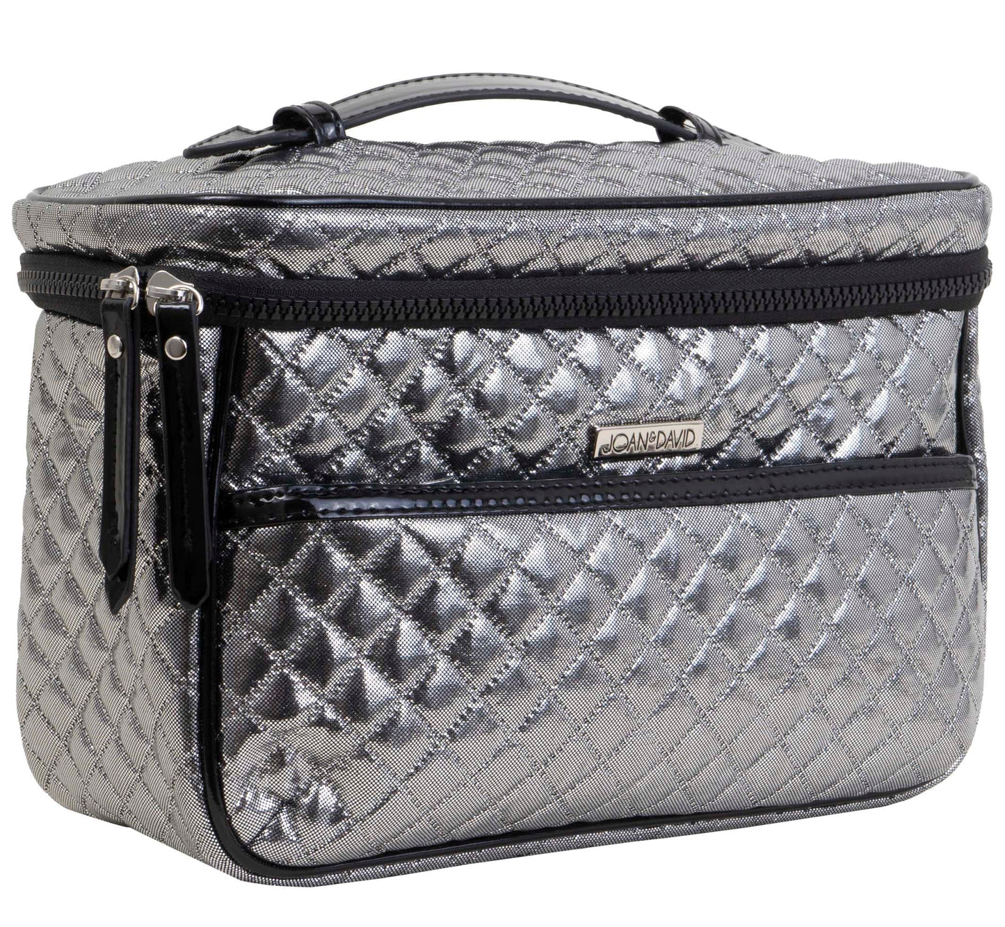 Joan & David Diamond Quilted Nylon Metallic Top Handle Train Case Cosmetic Bag