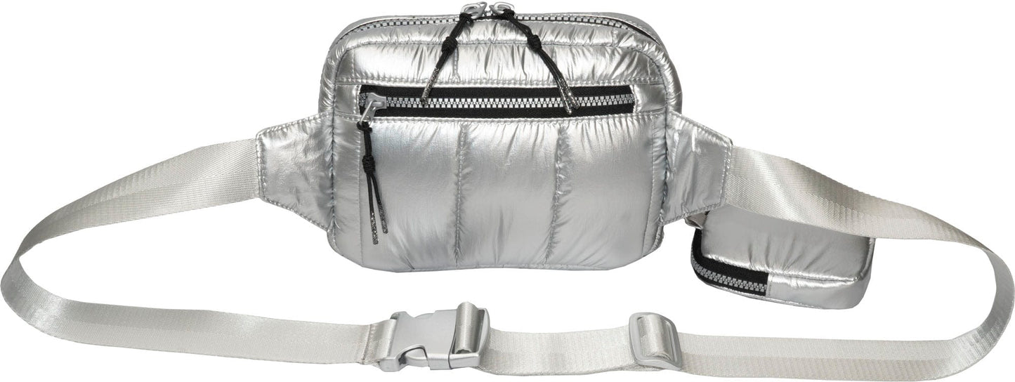 Joan & David Metallic Tubular Quilted Nylon Passport Sling Bag