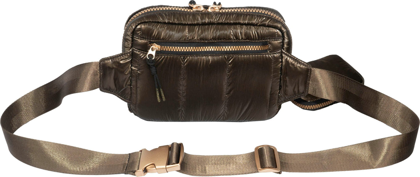 Joan & David Metallic Tubular Quilted Nylon Passport Sling Bag